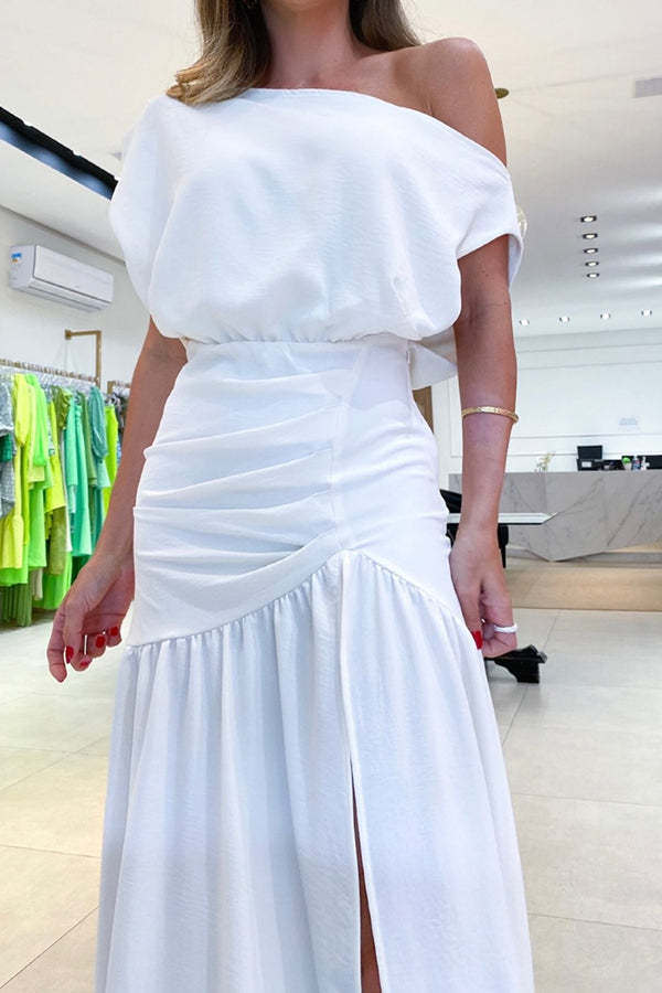 Midnight Chances One Shoulder Ruched Detail Slit Party Maxi Dress-consonak