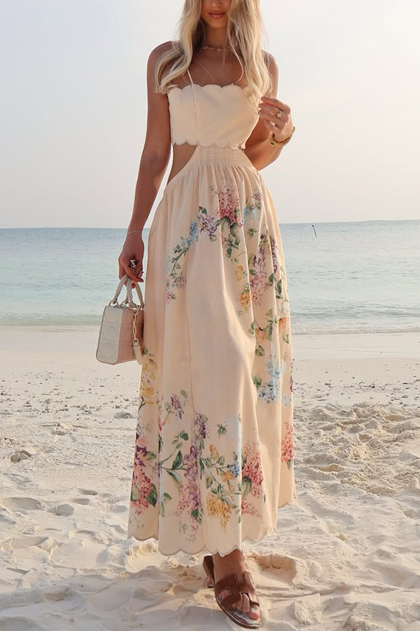 Cabo Sunsets Floral Print Petal Trim Back Lace-up Midi Dress-consonak
