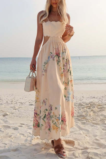 Cabo Sunsets Floral Print Petal Trim Back Lace-up Midi Dress-consonak