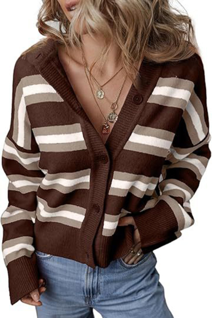 Colorblock Striped Knitted Long-sleeve Cardigan-consonak