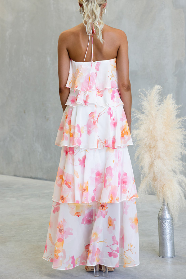 Poetic Eden Chiffon Floral Print Tiered Ruffles Halter A-line Maxi Dress | Consonak