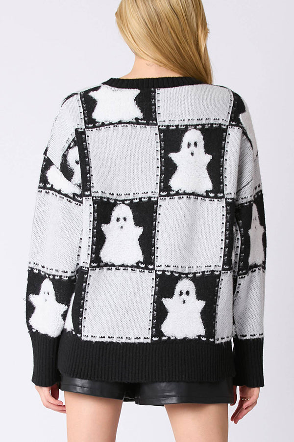 Halloween Plaid Ghost Loose Long Sleeve Knitted Sweater-consonak