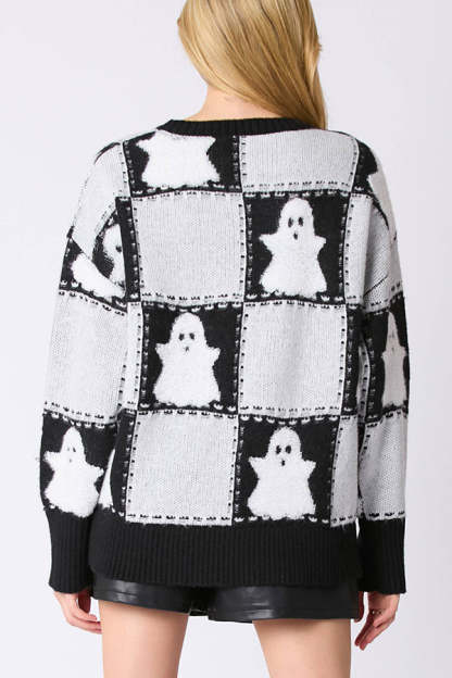 Halloween Plaid Ghost Loose Long Sleeve Knitted Sweater-consonak