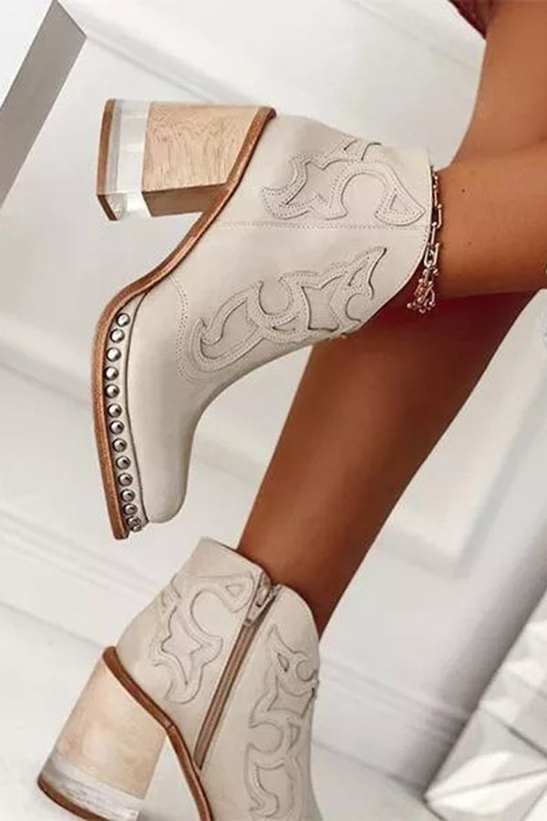 Stylish Embroidered Rivet Welt Acrylic Crystal High Heel Boots | Consonak