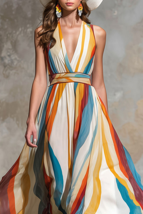 Multi-colored Striped Print V-neck Sleeveless Fitted Waist Vacation Maxi Dress