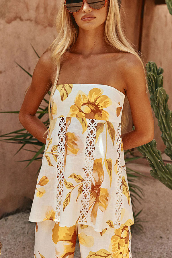 Lorde Linen Blend Floral Print Cutout Trim A-line Tank and High Rise Pocket Wide Leg Pants Set-consonak