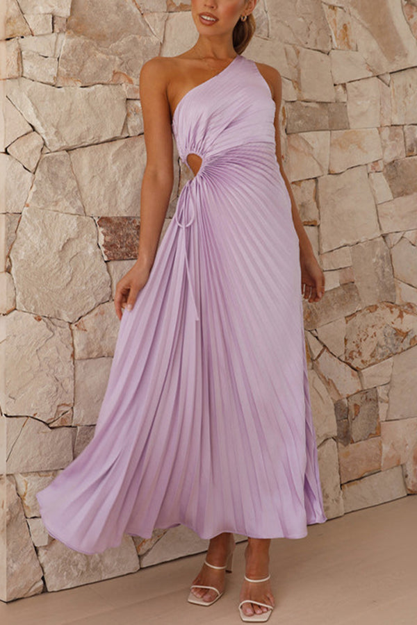 Charming One Shoulder Lace Up Cutout Pleated Maxi Dress-consonak