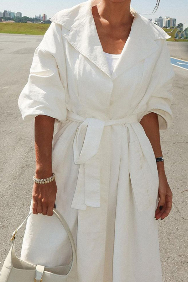 Solid Color Lapel Long Sleeves Lace-up Waist Mid-length Coat-consonak