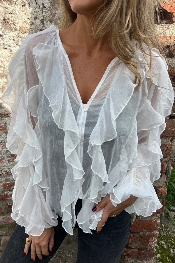 Solid Color Chiffon Ruffled V-neck Patchwork Top-consonak