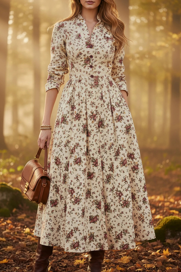 Floral Print V-Neck Long Sleeve Casual Pocket Vacation Maxi Dress