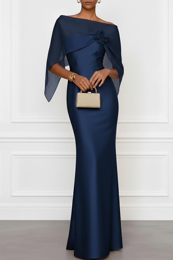 Lucero 3D Floral Satin Boat Neck Short Sleeve Sheath  Capelet Gown Maxi Dress