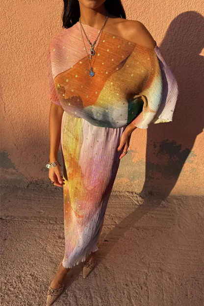 Rudi Pleated Metallic Fleck Print Wide Neck Elastic Waist Midi Dress-consonak