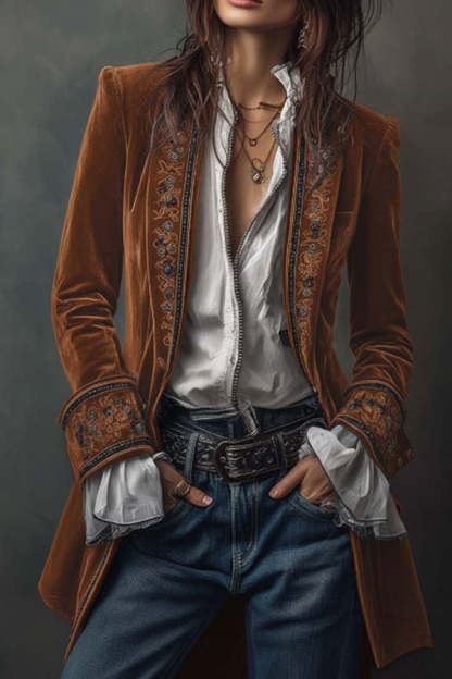 Gold Velvet Patchwork Printed Edge Long-sleeved Casual Jacket-consonak