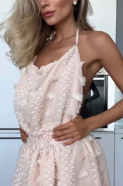 Gloria Embroidery Flowers Elastic Waist Halter Backless Slit Maxi Dress-consonak