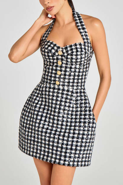Mila Check Bouclé-tweed Fabric Halter Sweetheart Neck Gold Button Pocketed Mini Dress-consonak