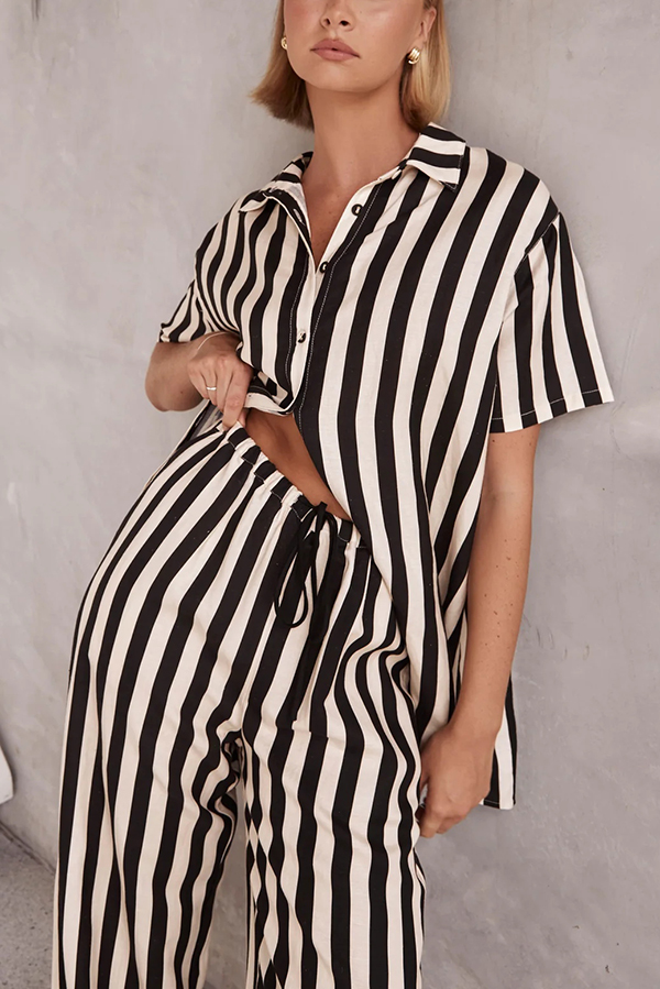Erika Striped Casual Shirt and Elastic Waist Pocket Wide Leg Pants Set-consonak