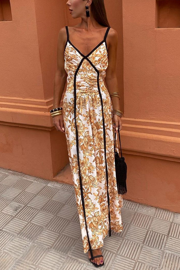 Violet Contrast Unique Print Pleated Backless Strappy Maxi Dress-consonak