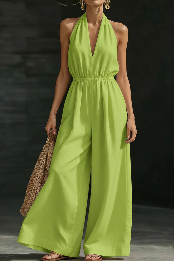 Solid Color V-neck Sleeveless Backless Casual Pocket Loose Wide-leg Jumpsuit