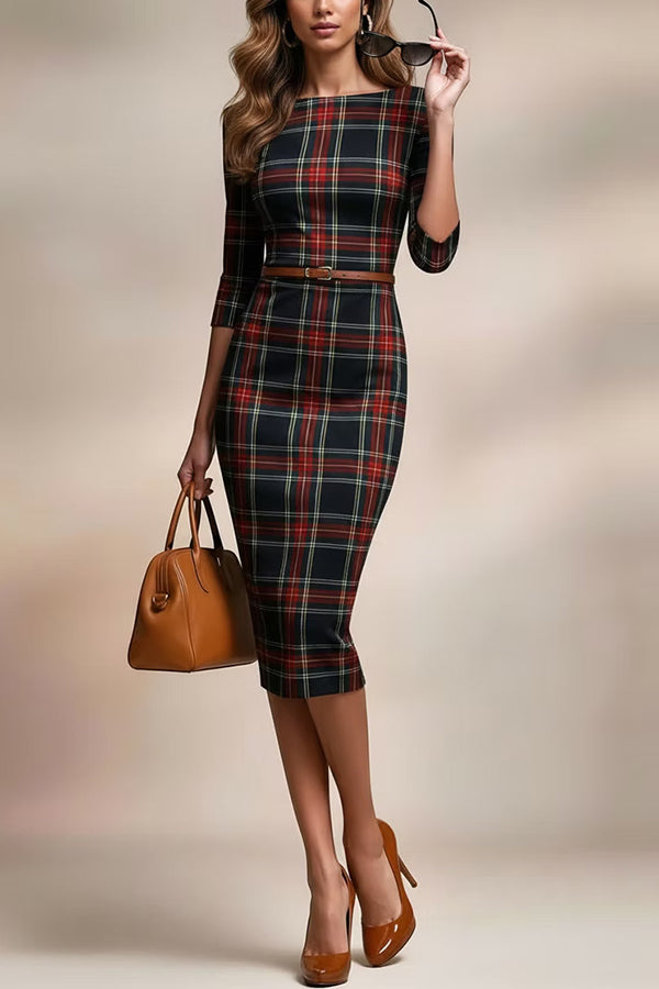 Plaid Print Half Sleeves Fitted Elegant Midi Dress-consonak