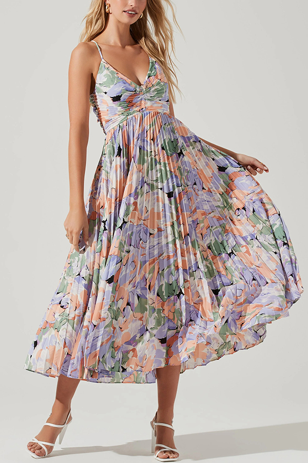Wedding Party Season Floral Print Pleated Back Tie-up Midi Dress-consonak