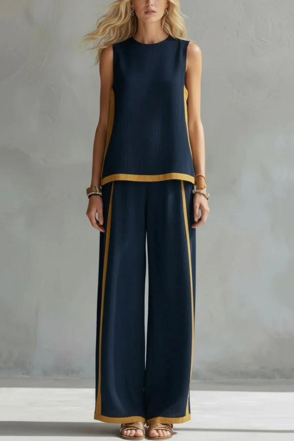 Linen Blend Color-blocked Round Neck Sleeveless Loose Top and Elastic Waist Casual Pocket Wide-leg Pants Set