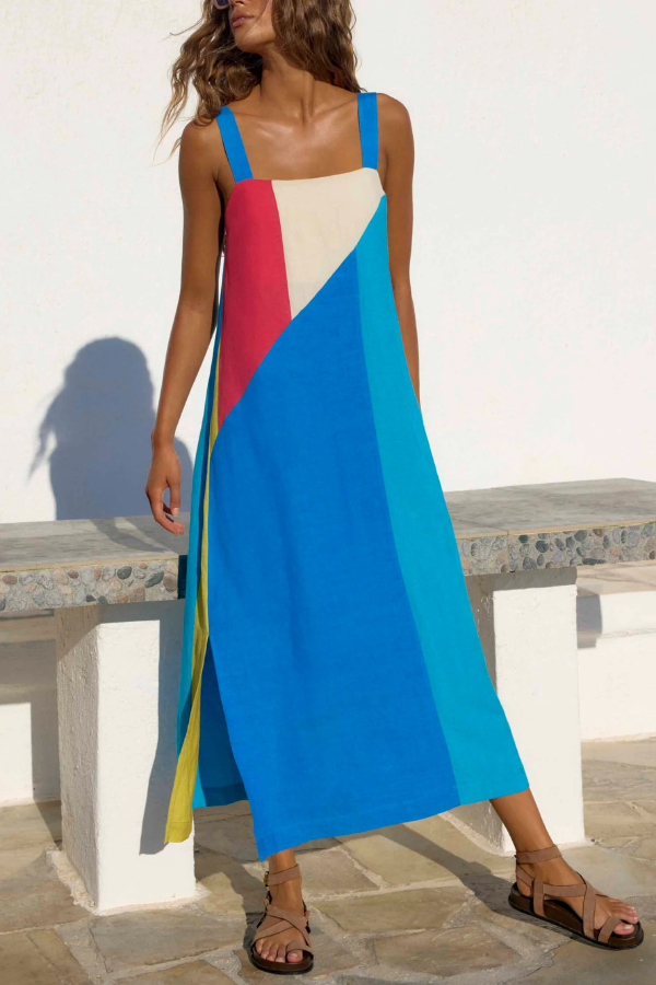 Fashionable Color-blocked Printed Square Neck Sleeveless Vacation-style Maxi Dress