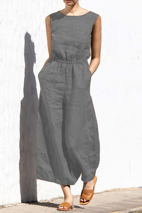 Fern Linen Blend Pocketed Button Back Elastic Waist Jumpsuit-consonak