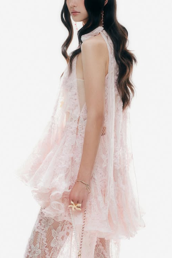 Cheongsam Style Lace Stand Neck Knots Button Ruffle Flare Hem Top