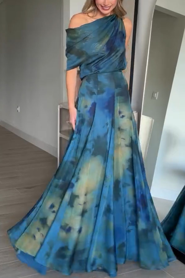 Ione Chiffon Ombré Print Cowl Neck Top and High Rise Maxi Skirt Set with Scarf