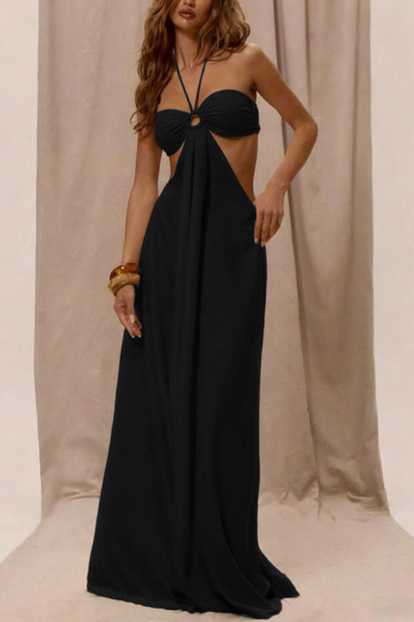 Solid Color Halter Neck Cutout Casual Loose Wide-leg Jumpsuit-consonak