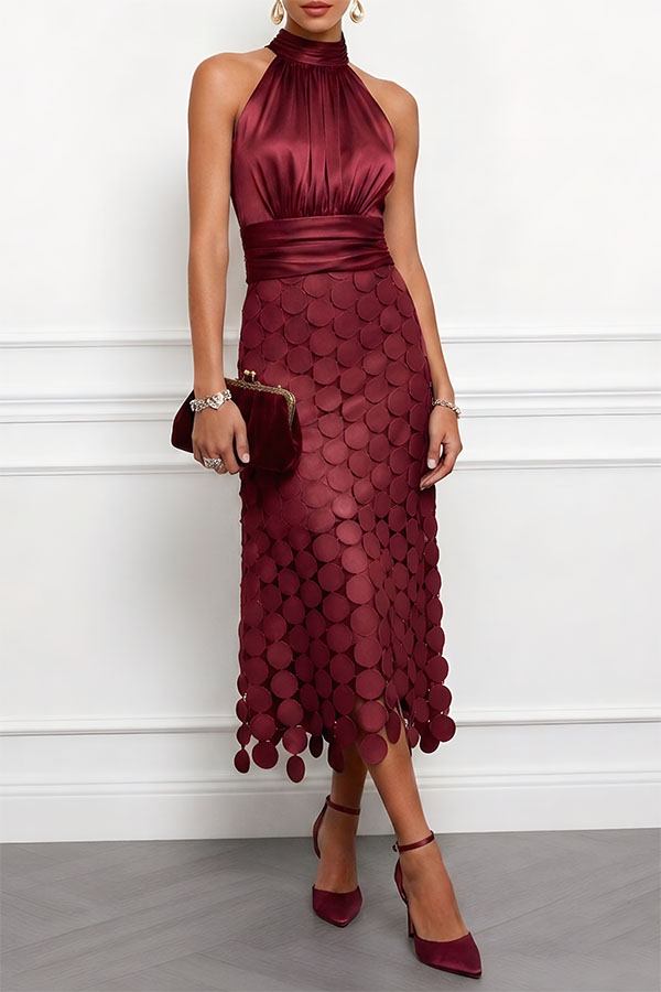 Janice Satin Ruched Halter Neck Sleeveless Embroidered Polka Dot Hem Midi Dress | Consonak
