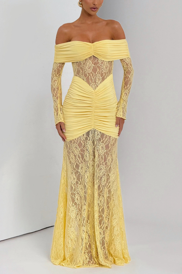 Solid Color Patchwork Lace Off-shoulder Long-sleeved Pleated Slim-fit Maxi Dress-consonak