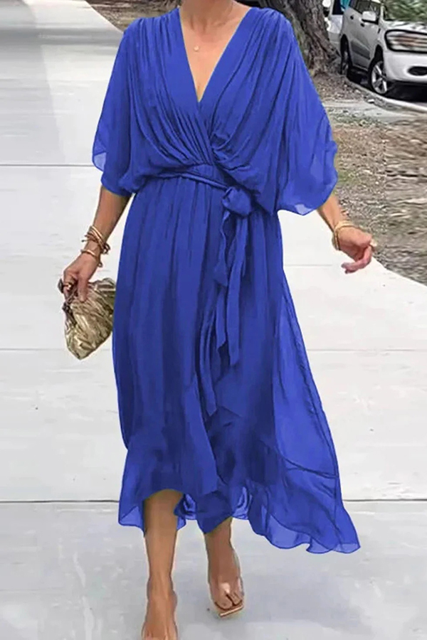 Solid Color V-neck Bat Sleeve Lace-up Irregular Hem Midi Dress-consonak