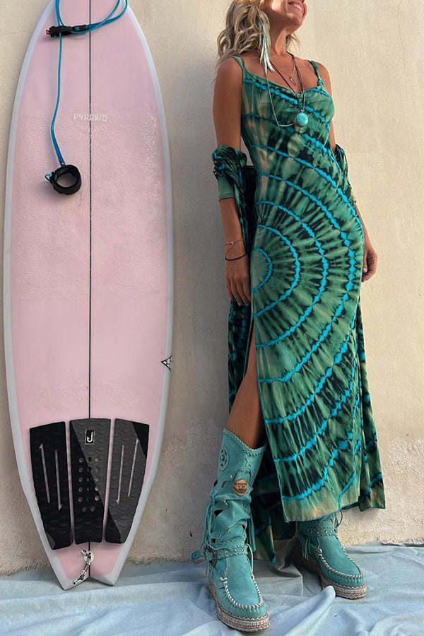 Boho Fashion Tie-dye Print Cowl Neck Stretch Slit Midi Dress-consonak