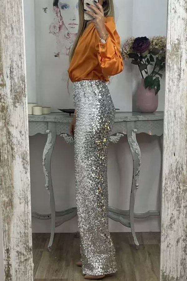 Glitzy Glamour Sequin High Rise Elastic Waist Wide Leg Pants | Consonak
