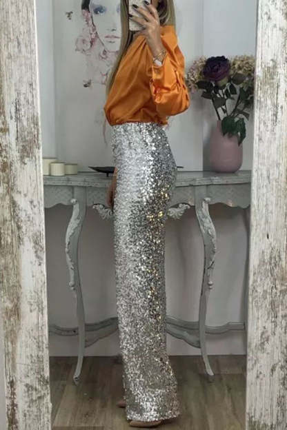 Glitzy Glamour Sequin High Rise Elastic Waist Wide Leg Pants-consonak