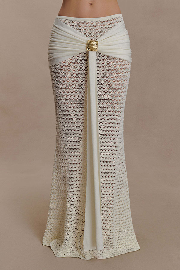 Mania Knit Hardware Detail Bell Sleeve Crop Top and Gathered Overlay Sash Stretch Maxi Skirt Set-Consonak