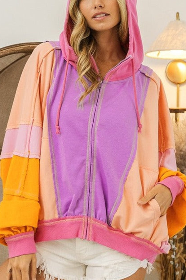 Fresh Color Matching Fashionable Loose Casual Hooded Jacket-consonak
