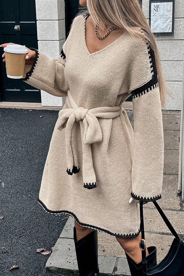 Stylish Loose-fitting Long-sleeved Tie-waist Knit Mini Dress-consonak