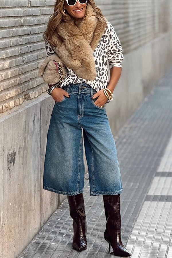 Terminally Stylish Denim Pocket Wide Leg Bermudas Jeans-consonak