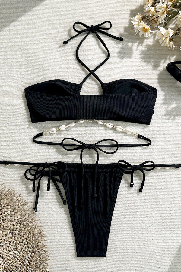 Solid Color Shell Beaded Halter Neck Tie Two-piece Elastic Bikini Swimsuit