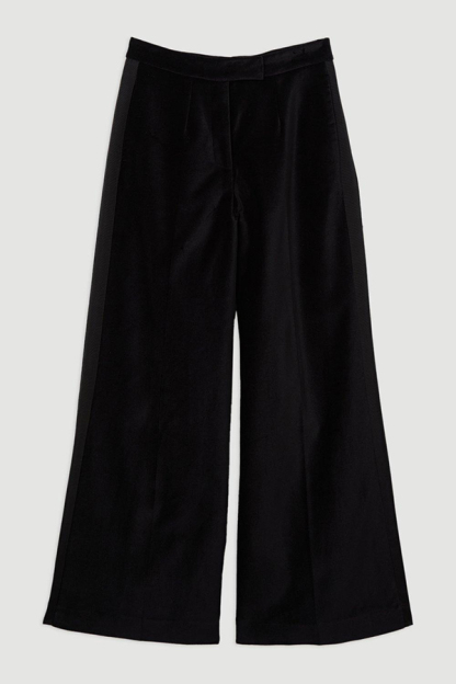 Cue The Cocktails Velvet Grosgrain Detail Pocketed Wide Leg Pants-consonak