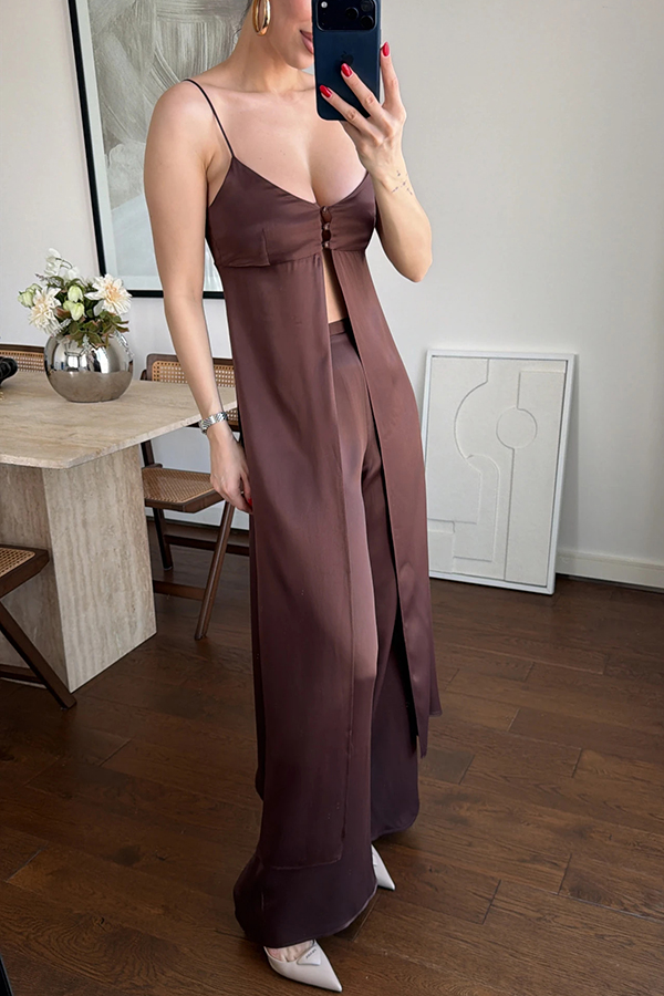 Giselle Satin Front Button Cutout Slit Midi Top and Elastic Waist Loose Pants Set