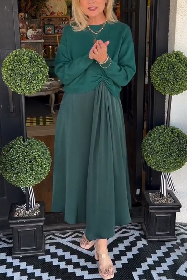 Practical Fashion Knit Ruched Sweater and Satin Stretch Tank Midi Dress Two-piece Set | Consonak