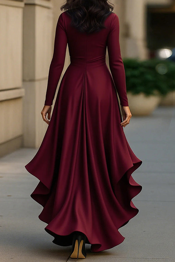 Solid Color Satin V-neck Long-sleeved Elegant Ruffled Maxi Dress | Consonak