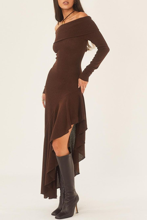 Temperament Off Shoulder Long Sleeve Irregular Hem Stretch Maxi Dress-consonak
