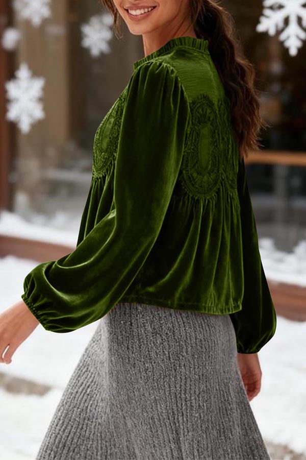 Fashionable Velvet and Lace Patchwork Loose Long-sleeved Top-consonak