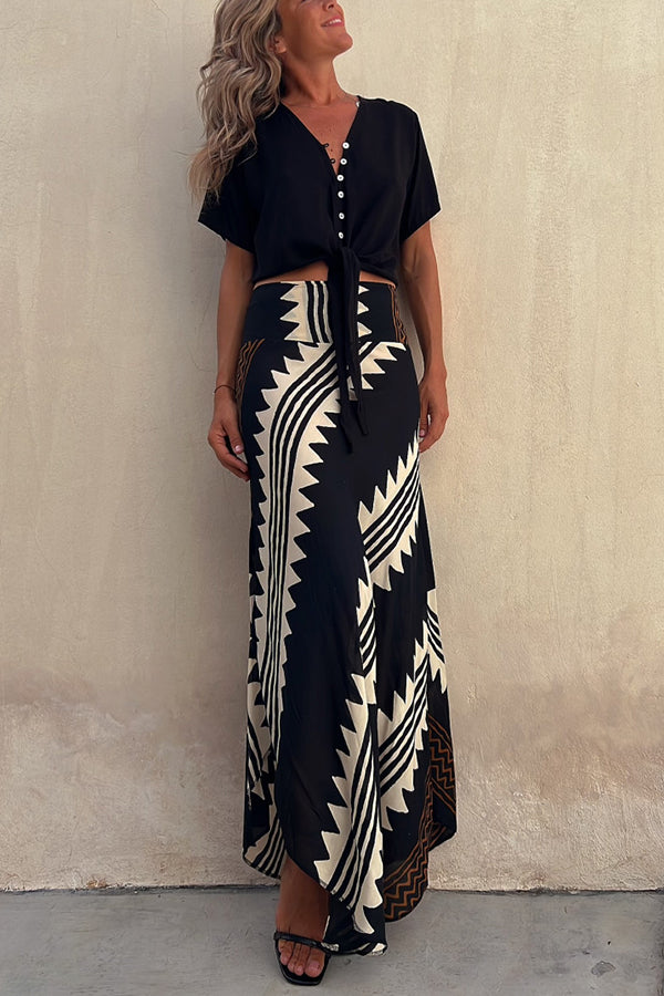 Eva Satin Geometric Print Elastic Waist Maxi Skirt-consonak