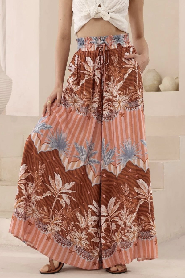 Unique Print Casual Elastic Waist Drawstring Pocket Wide-Leg Pants