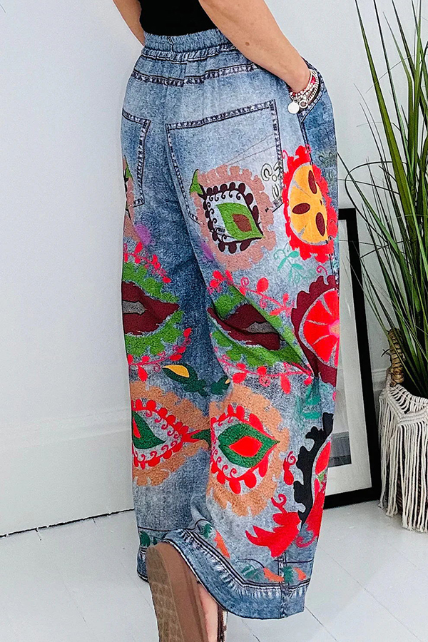 Hippie Style Unique Floral Denim Print Elastic Waist Pocketed Wide Leg Pants-consonak